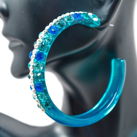2.5" Clear Teal Lucite Blue Tones Rhinestone Hoops - Picture 9 of 10